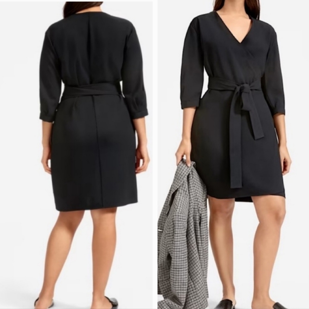 New Everlane Japanes GoWeave 3/4 Sleeves True Wrap Dress in Black 16 XL‎